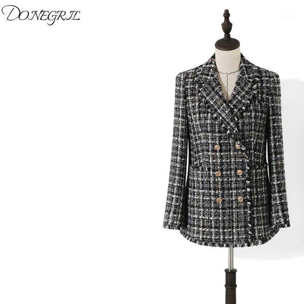 

2020 luxury blazer suits women fashion weaving tweed double breasted lapel collar black white plaid tassel blazers1, White;black
