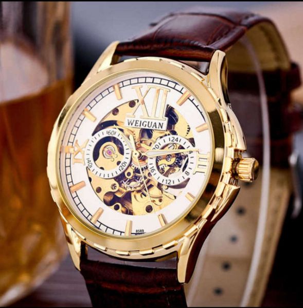 

waterproof mechanical watch men's watch luminous automatic hollow fashion business watch, Slivery;brown