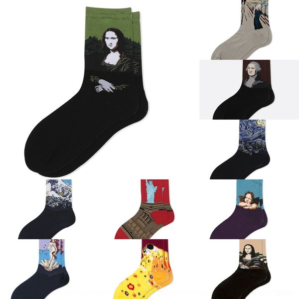 

nkixx painting sky cotton and oil men's famous painting mona lisa oil starry socks men's mid-calf socks 5hhrj, Black