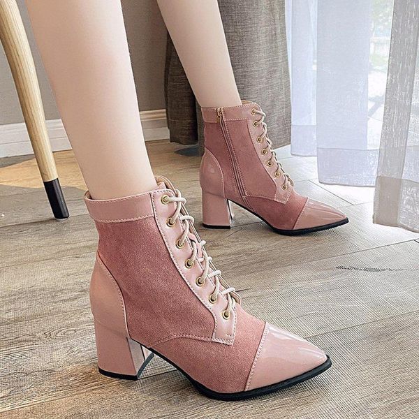 

women autumn ankle boots 2020 zipper lace-up thick high heel pointed toe shoes splicing suede leather female boots black