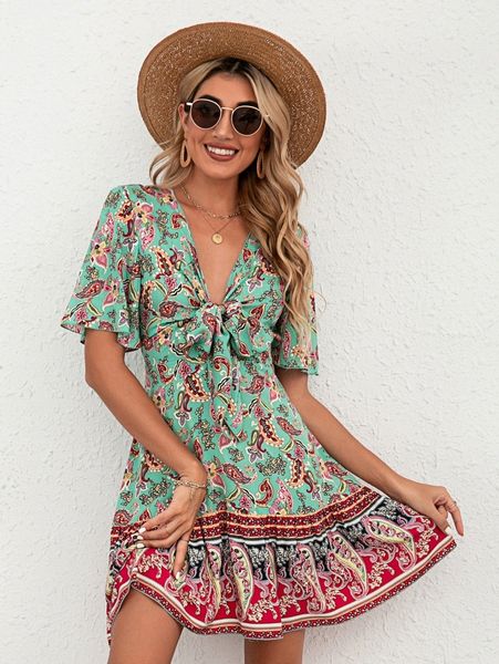 

paisley & floral print tie front flutter sleeve ruffle hem dress y0mz#, Black;gray