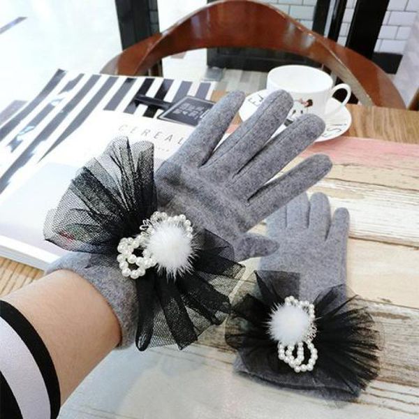 

five fingers gloves korean style women stylish touchscreen autumn winter cashmere thicken warm female mittens elegent pearl bow knot agl417, Blue;gray