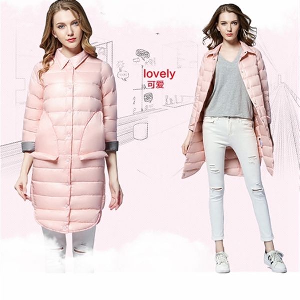

2021 new coat female long winter down women single breasted puffer jacket warm white duck feather coats v9au, Black