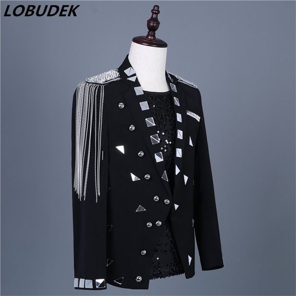 

men's silver mirrors tassels epaulet slim blazers fashion suits jacket evening party host performance coat singer nightclub wear 201106, White;black