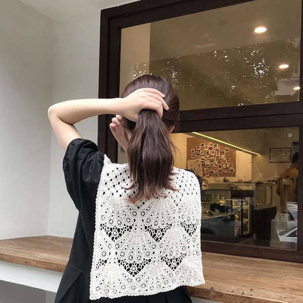 

south korea dongdaemun fashion isn wind new style lace hollow out small shawl clothing decoration cotton thread scarf female lit, Blue;gray