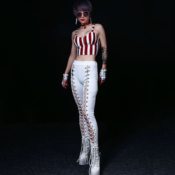 

jazz dance costumes nightclubÂ djÂ ds dancer rave outfit pole dancewear striped suspenders openwork strappy pants, Black;red