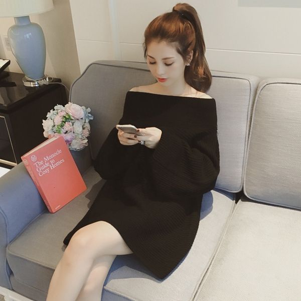 

one line collar knitted bottom shirt autumn and winter new korean lantern sleeve off shoulder women's medium length slim t-shirt