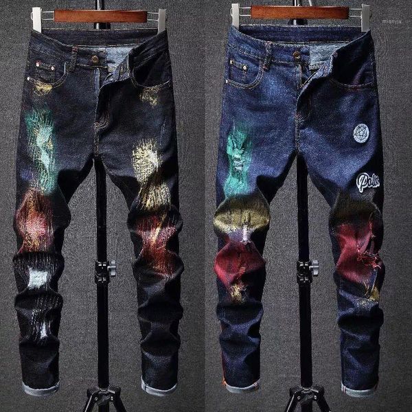

jeans men's hole color printed jeans men's youth street hip-hop style stretch fashion size 28-381, Blue