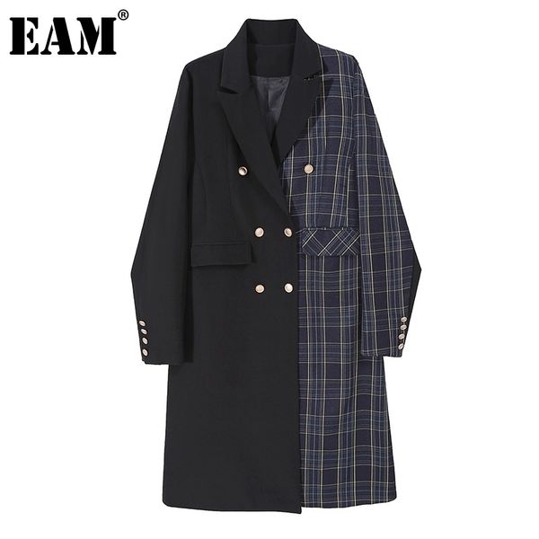 

[eam] women black plaid split long trench new lapel long sleeve loose fit windbreaker fashion tide spring autumn 1dc321 201102, Tan;black