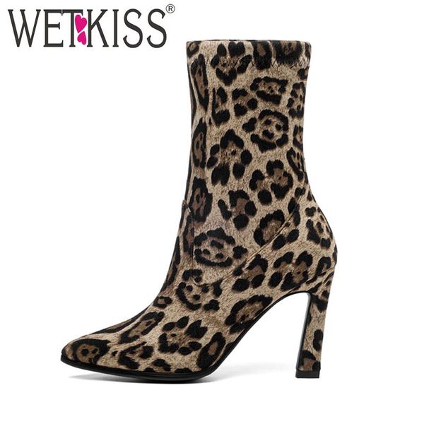 

wetkiss stretch leopard boots women mid-calf boot winter shoes female high heels shoes ladies elastic pointed toe, Black