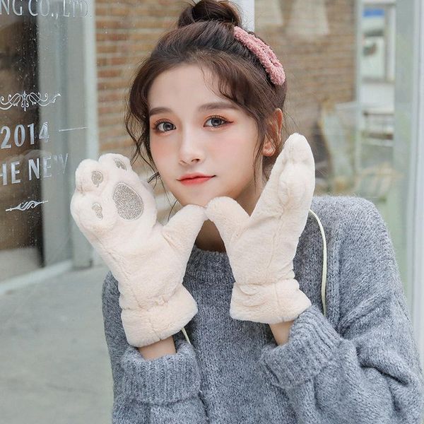 

five fingers gloves soft velvet bear claw thickening cashmere plush full finger fluffy cute cartoon mittens winter, Blue;gray