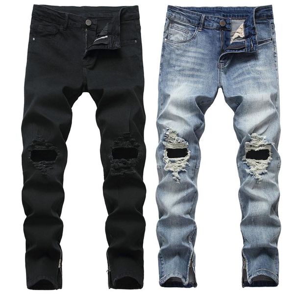 

fashion men's black ripped skinny jeans unique leg opening zipper design stretch denim trousers casual straight cowboys pants, Blue