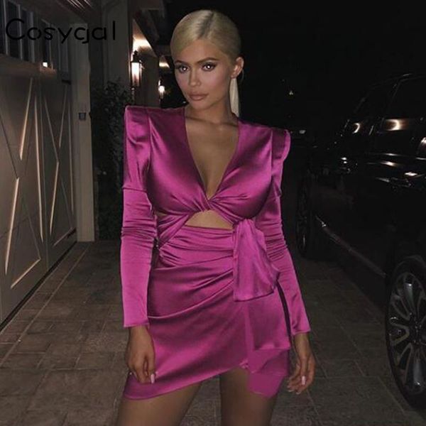 

cosygal solid long sleeves women dresses deep v neck hollow out mini bodycon dress club night birthday party dresses, Black;gray