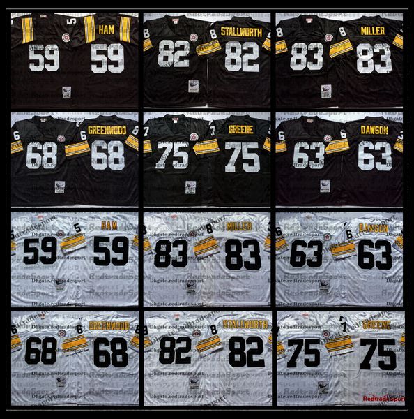 

vintage mens 59 jack ham 63 dermontti dawson 68 greenwood 75 joe greene 82 john stallworth heath miller football jersey embroidery ac1, Black;red