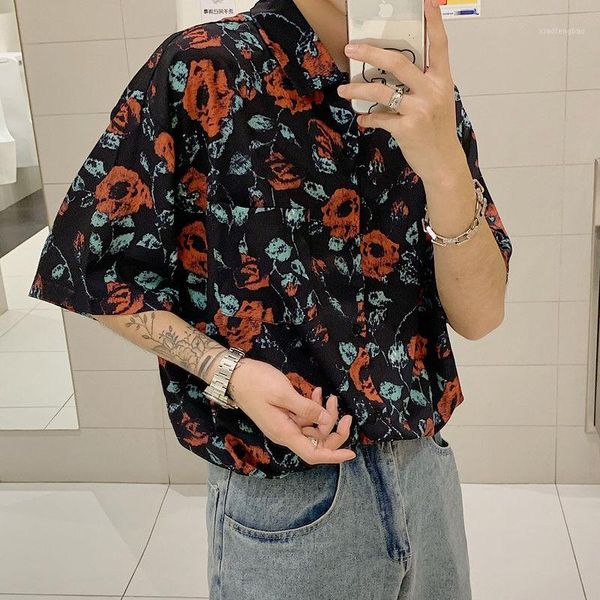 

2020 summer new youth popular men's loose personality rose print five-point sleeve shirt casual jacket jacket red/yellow1, White;black