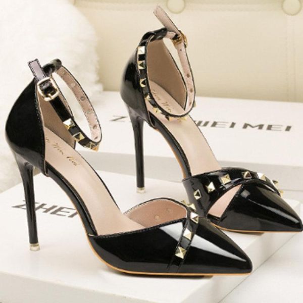 

dress shoes high heeled female sandals wedding banquet rivet pointed1, Black