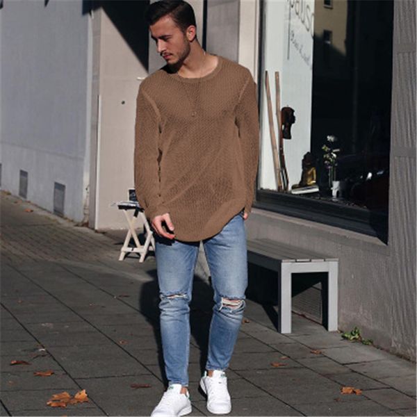 

man solid color knitting sweaters fashion trend long sleeve round neck pullover sweater male spring loose casual irregular hem bottoming top, White;black
