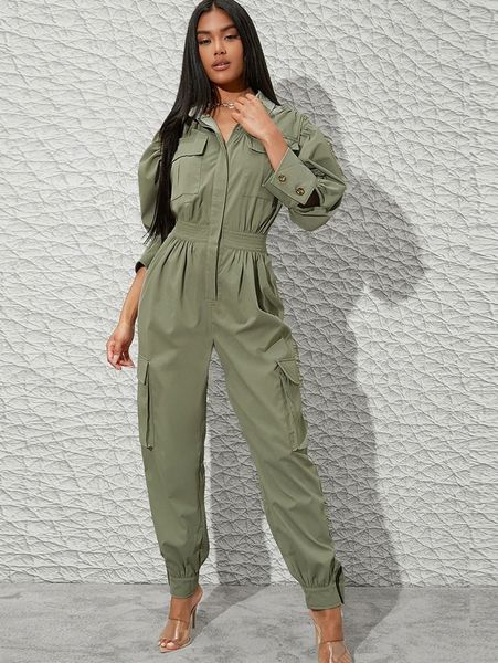 

flap pocket shirt jumpsuit j4ia#, White