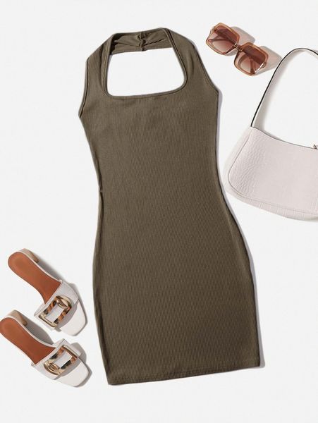 

solid rib-knit bodycon dress w8id#, Black;gray