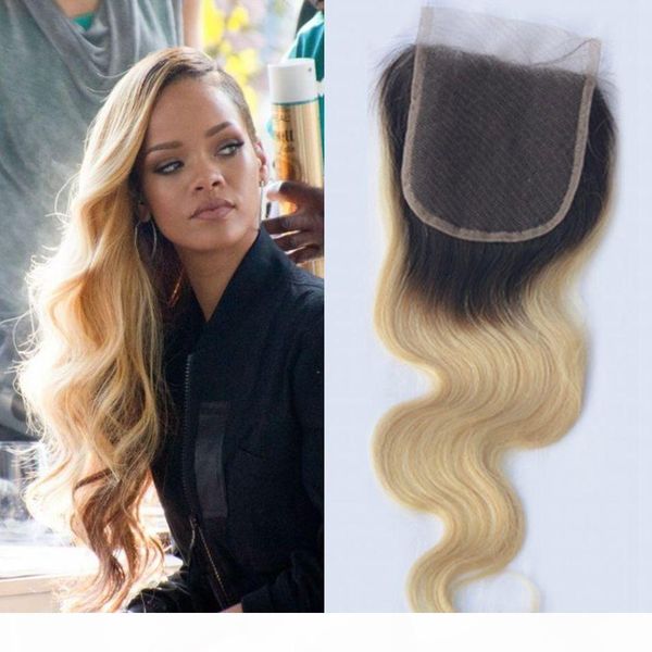 

blonde lace closure 4x4 part 1b 613 indian body wave closure 8-20 inch human hair, Black;brown