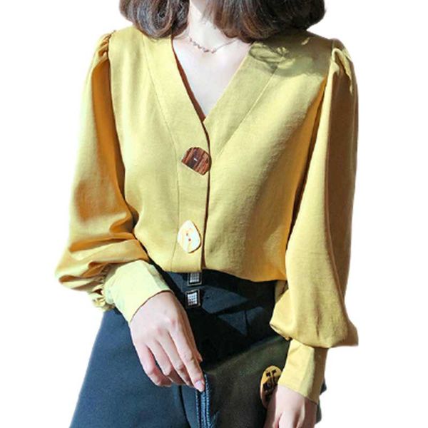 

women's blouses & shirts beautiful seashell button decoration woman autumn shirt casual v-neck lantern long sleeve yellow blouse ladies, White