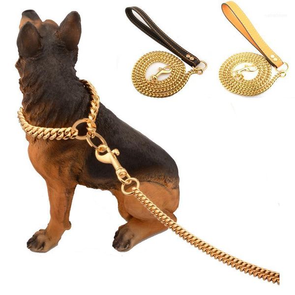 

stainless steel pet gold chain dog leashes leather handle portable leash rope straps puppy dog cat training slip collar supplies11