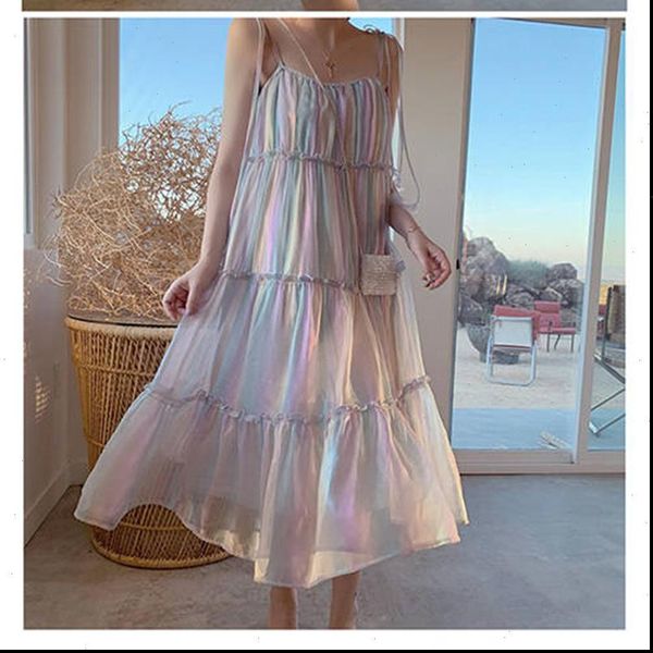 

2021 summer new french temperament rainbow suspender dress stretch chiffon ruffled strapless dress drop shipping good quality, Black;gray