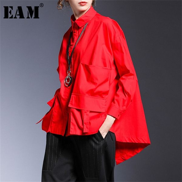 

[eam] women pocket spliced oversize irregular blouse new lapel long sleeve loose fit shirt fashion tide spring autumn lj200810, White