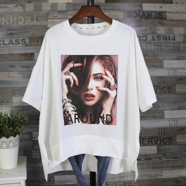 

new summer short sleeve large size t shirt female all match medium length cotton tshirt beauty printed side fork, White