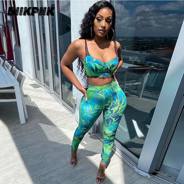 

biikpiik patchwork lace camis two piece set women print elegant casual lounge wear bodycon pants matching sets feamle kit, Gray