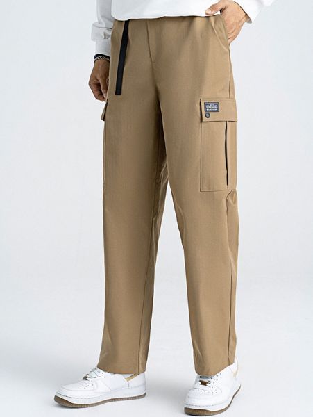 

men letter patched detail utility pocket buckled waist pants w2ij#, Black