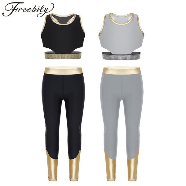 

kids girls sleeveless racer back stretchy tank crop with leggings pants for ballet dance stage performance workout, Black;red