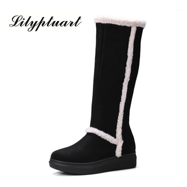 

european beauty high-rise thick-bottomed round head stitching velvet women's boots warm and comfortable large size snow boots1, Black