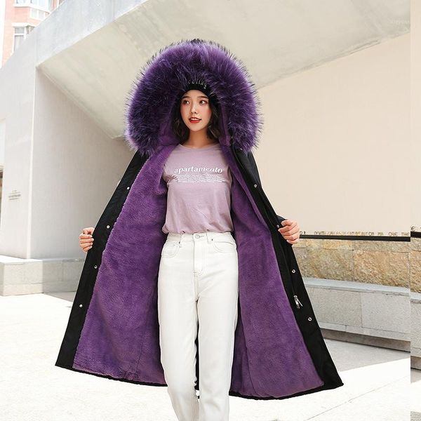 

parker coat cotton clothing new women's cotton coat long paragraph over the knee big fur collar simple winter warm hooded jacket1, Black