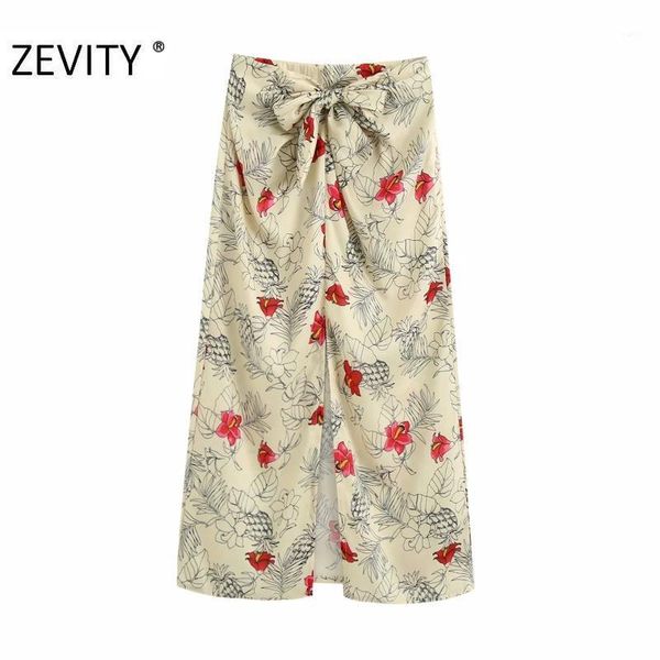 

zevity new women vintage front bowknot flower print straight midi skirt faldas mujer ladies side zipper chic split skirts qun6721, Black