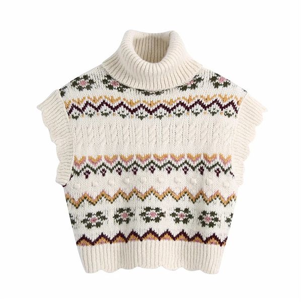 

new beige turtleneck knitting woman sleeveless sweater 2021 ruffle vintage jacquard knitted cropped vest pullover llgk, White;black