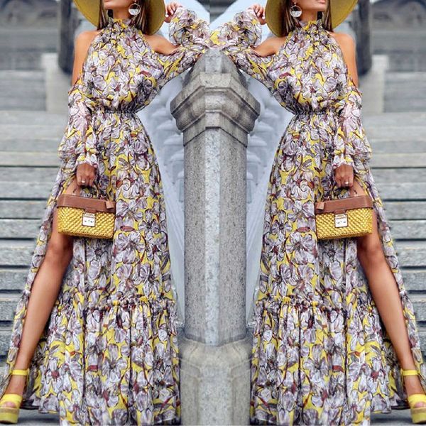 

bohemian print long dress vestidos de festa fashion womens long sleeve off shoulder printed evening turtleneck dresses#8, Black;gray
