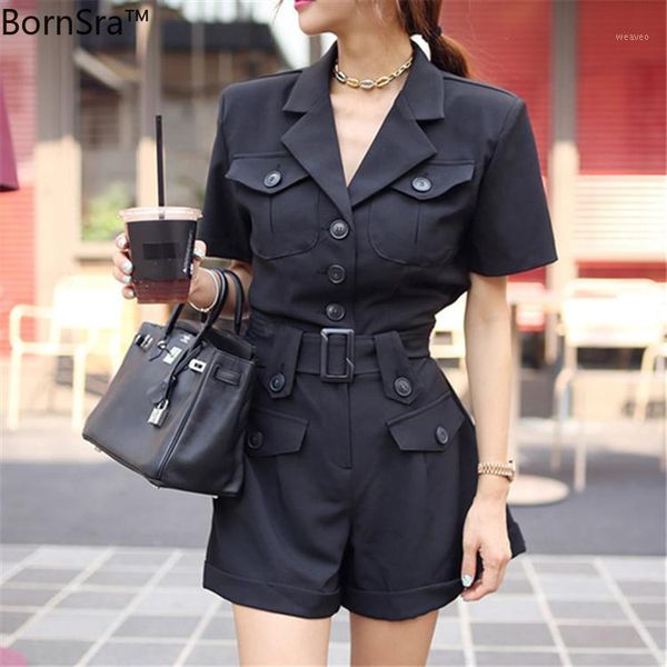 

bornsra 2020 new summer woman jumpsuits & rompers casual single breasted lace up short wide leg pants cargo playsuit1, Black;white