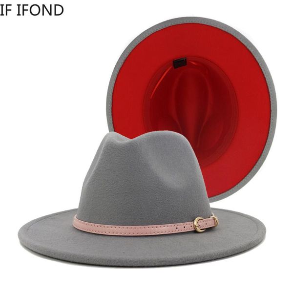 

wide brim hats grey red patchwork women party formal hat wool felt fedora panama trilby cap, Blue;gray