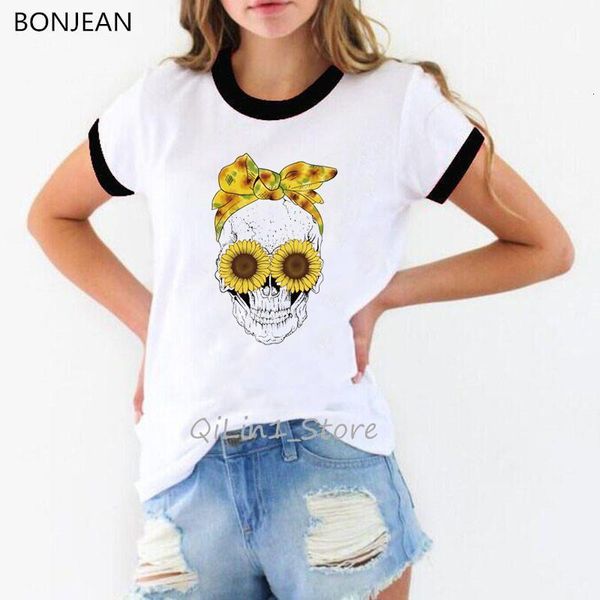 

funny bow sunflower skull print women geek t shirt summer white graphic ringer tee shirt femme hip hop rock shirt tumblr clothes
