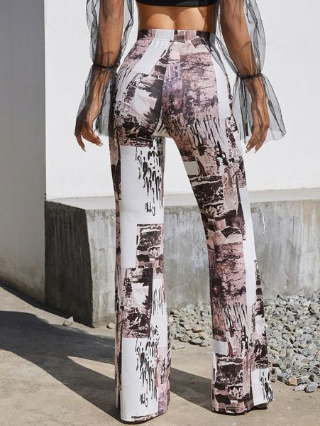 

elastic waist graphic print flare leg pants v4gg#, Black;white
