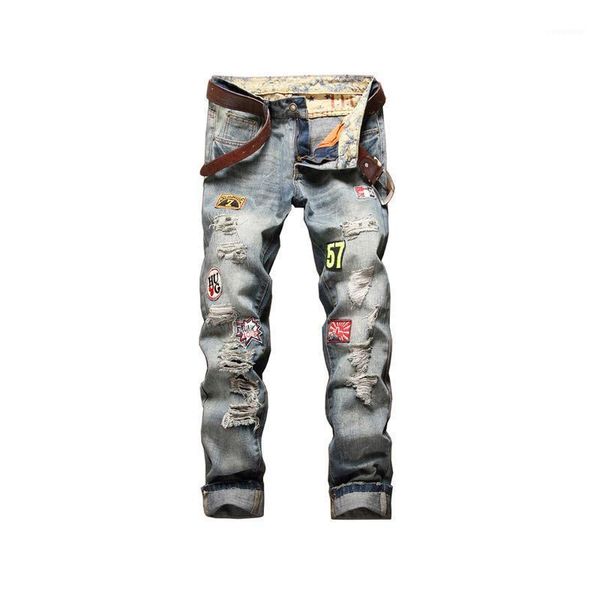 

2020 fashion youth personality badge decoration hand-worn men's jeans slim straight badge to do old hole pants men1, Blue