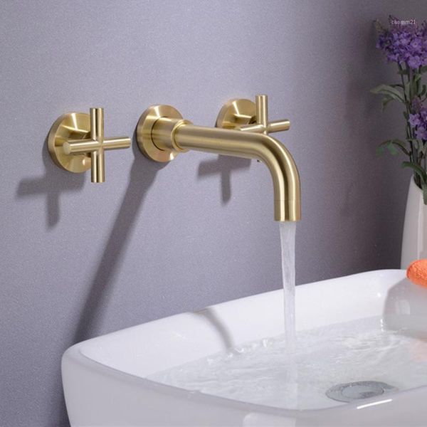 

basin faucet wall mounted brass sink tap concealed and cold water mixer bathroom taps brushed gold 3holes rose gold chrome1