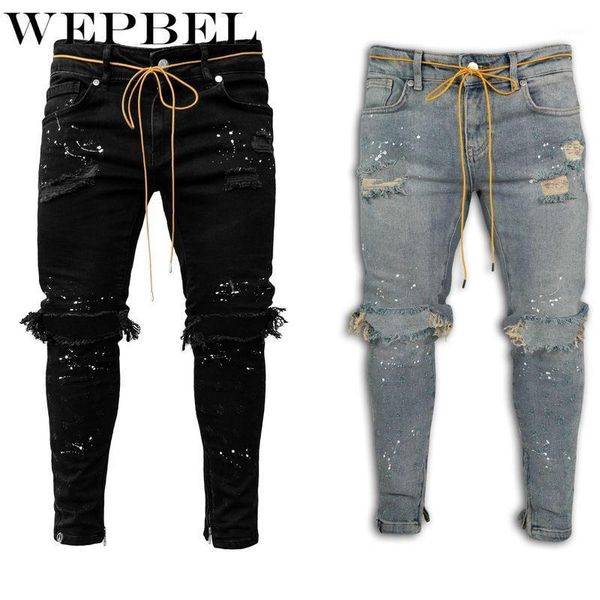 

wepbel men's biker jeans for moto skinny patchwork holes ripped stretch denim pants white washing pencil pants wrinkle jeans1, Blue