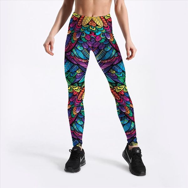 

summer new arriaval color feathers 3d printed women fitness activewear elastic mid waist trousers drop shipping, Black