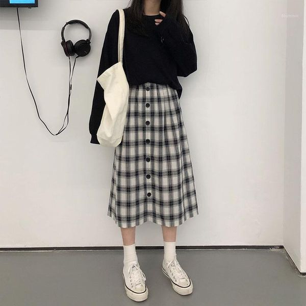 

corner no.1 boutique women's clothing store ~ retro plaid skirt mid length autumn 2020 high waist single breasted a-line skirt1, Black