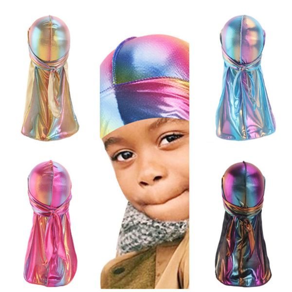 

premium silky wave cap design kids holographic durag laser doo rag satin hats pirate hat biker party beach caps head wrap visor g12207, Yellow
