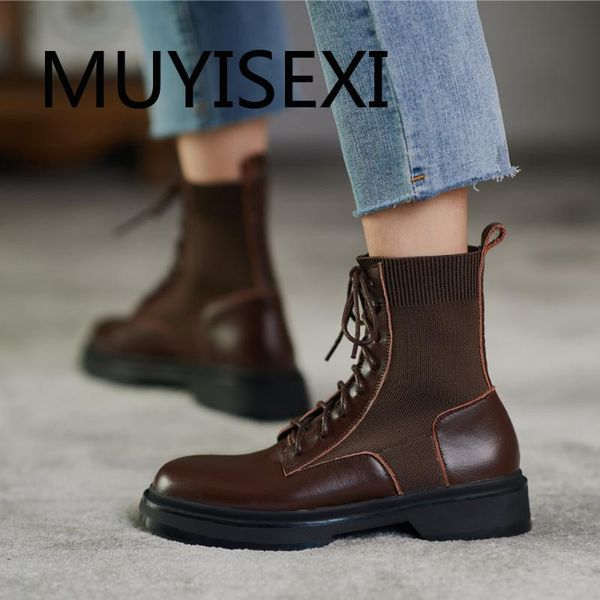 

winter genuine leather round toe 4cm med heel keep warm cross-tied lace up british style european cozy ankle boot hta01 muyisexi, Black