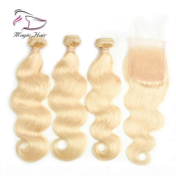 

evermagic 613#blond 3pieces bundles with 1piece closure brazilian hair weave body wave human hair extension 8-22inches, Black
