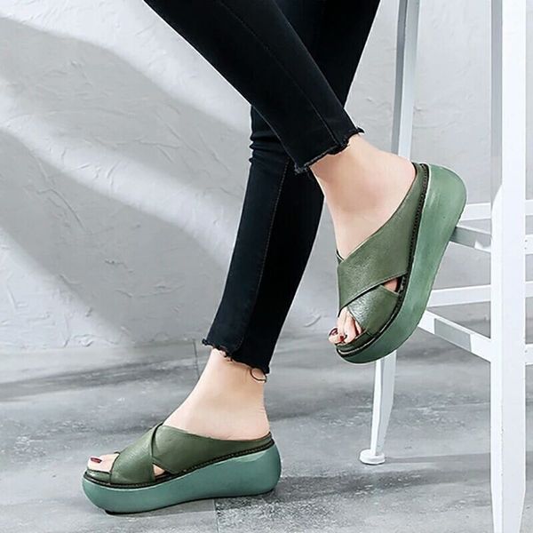 

mcckle women summer slippers soft pu leather woman shoes casual wedges cross retro ladies slide fashion platform female shoes y200423, Black